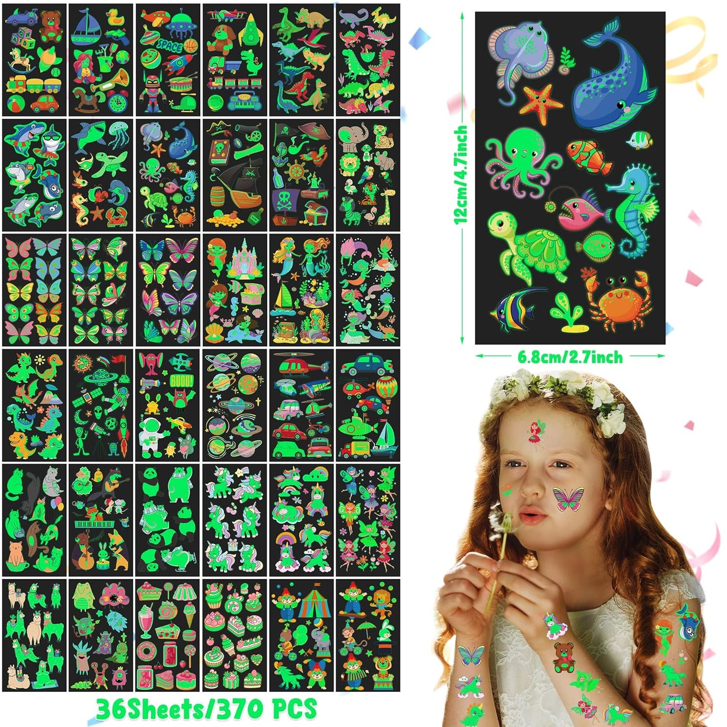 370 Patterns Party Favors for Kids, 36 Sheets Glow In Dark Stickers Luminous Temporary Tattoos, Waterproof Fake Tattoo Supplies Animal Dinosaur Mermaid Butterfly Stickers for Birthday Decorations