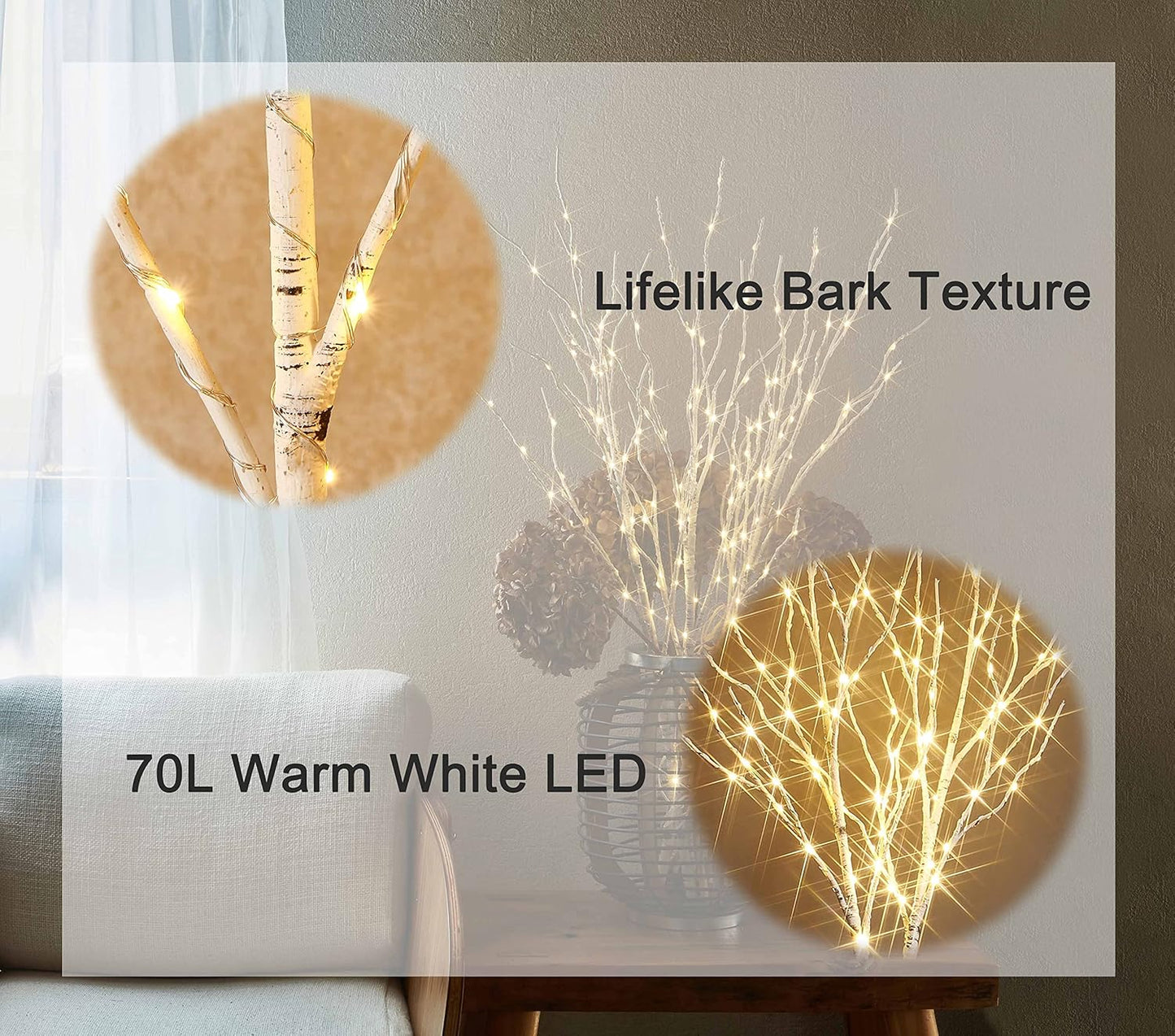 BAOLITVINE Lighted Birch Branches with Timer 70 Fairy Lights 18IN, Twig Lights for Indoor Outdoor Home Christmas Wedding Vase Decorations