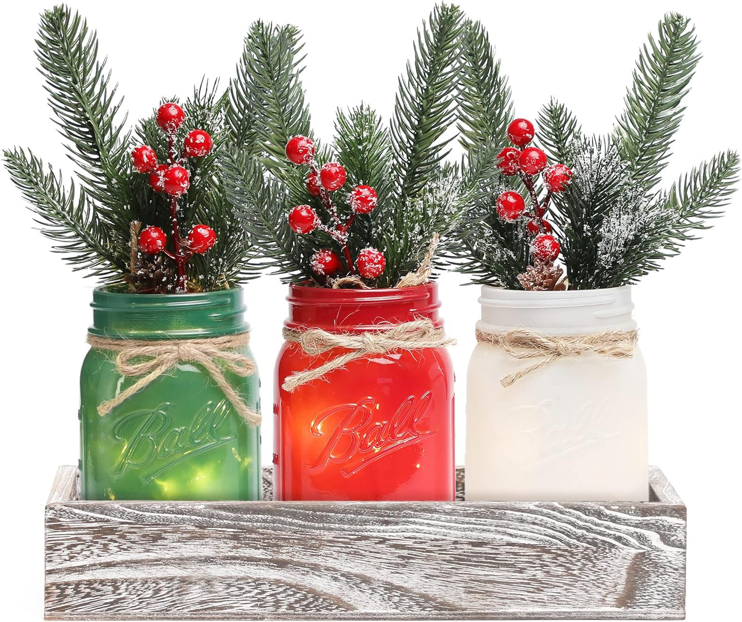 Christmas Mason Jars, Christmas Centerpiece Table Settings, Wood Tray with 3 Painted Jars, Dining Coffee Table Centerpiece, For Kitchen, Living Room, Colorful Mason Jar Decor with Flowers