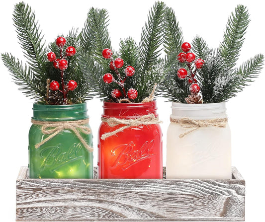 Christmas Mason Jars, Christmas Centerpiece Table Settings, Wood Tray with 3 Painted Jars, Dining Coffee Table Centerpiece, For Kitchen, Living Room, Colorful Mason Jar Decor with Flowers