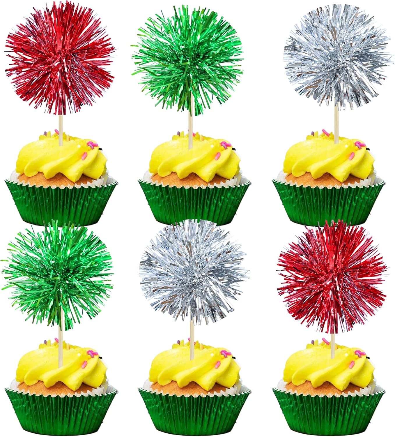 Gyufise 30Pcs Foil Firework Cupcake Toppers Sparkle Tinsel Cake Toppers Tinsel Drink Cake Decoration Cocktail Picks for Birthday Wedding Graduation Party Supplies Silver Green Red