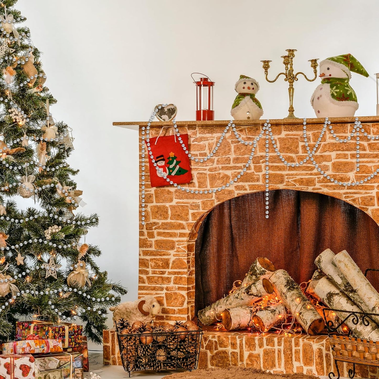 100 Feet Silver Christmas Tree Decor, Christmas Tree Garland Beads, Xmas Beads Chain Decorations Artificial Pearl Garland for DIY Xmas Fireplace Home Party Decor