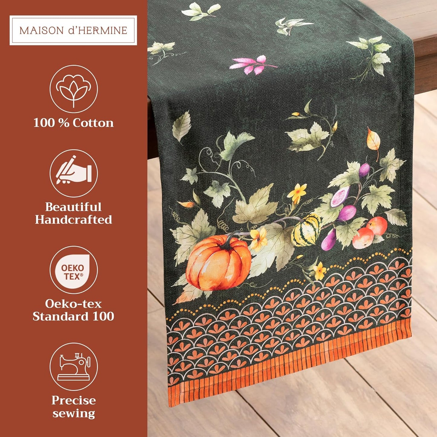 Maison d' Hermine Table Runner 100% Cotton Single Layer Table Runners 108 inches Long for Thanksgiving Christmas Decorations Home Kitchen Dining Wedding (Pumpkin Garden - Dark Green, 14.5" x 108")