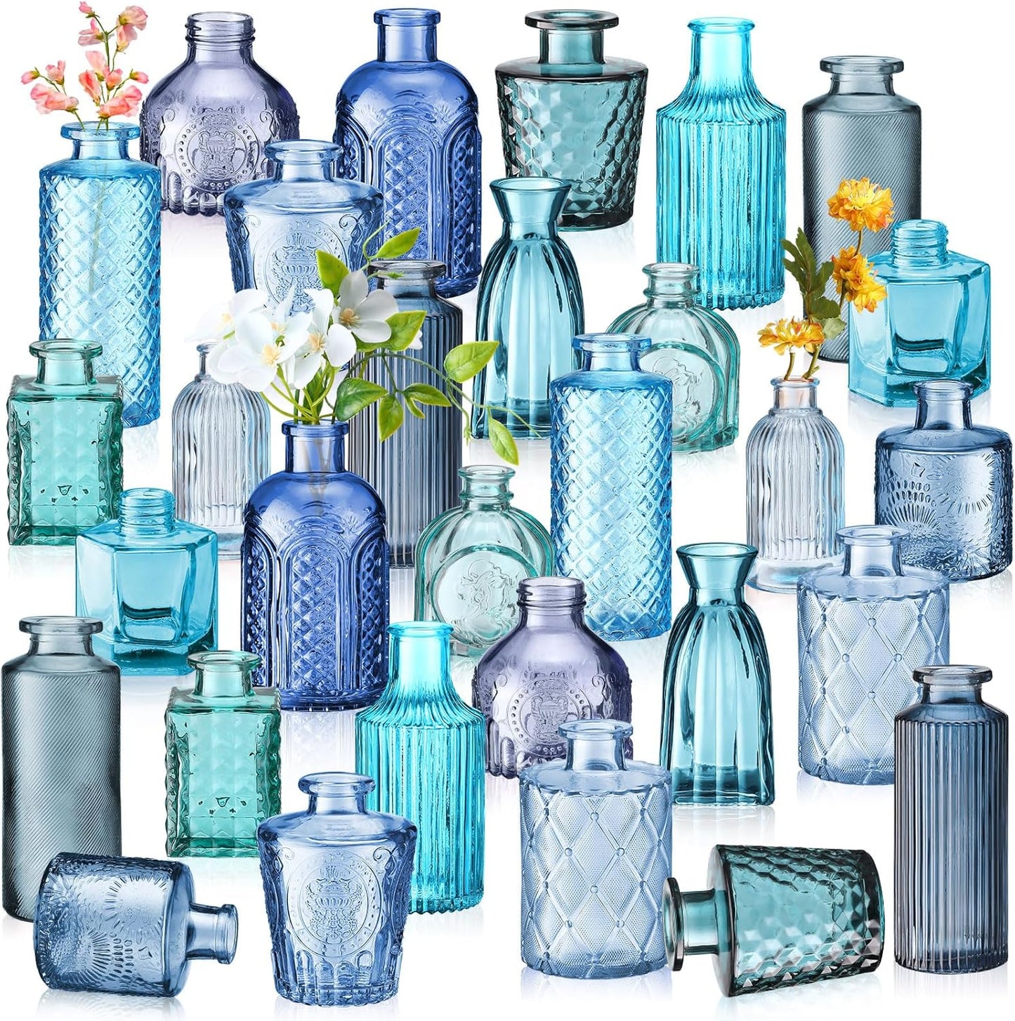 Yaomiao 30 Pcs Vases Bulk Colored Flower Glass Vases Bud Vintage Colored Glass Bottles Colorful Rustic Embossed for Home Wedding Table Decorations Gifts(Blue Series)
