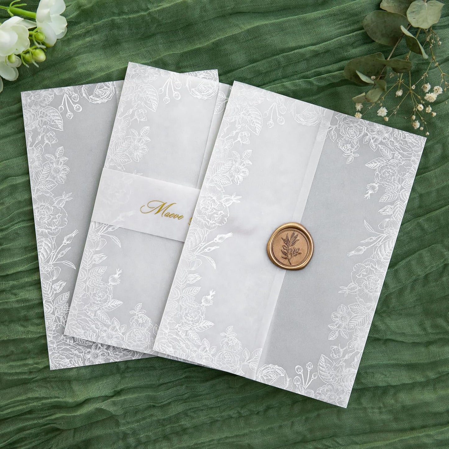 PONATIA 50PCS White Vellum Jackets for 5x7 Invitation Cards- 135GSM White Foil Print Flowers Sleeves, Vellum Paper 5x7 Wraps - Transparent Christmas Gift Cards Jackets