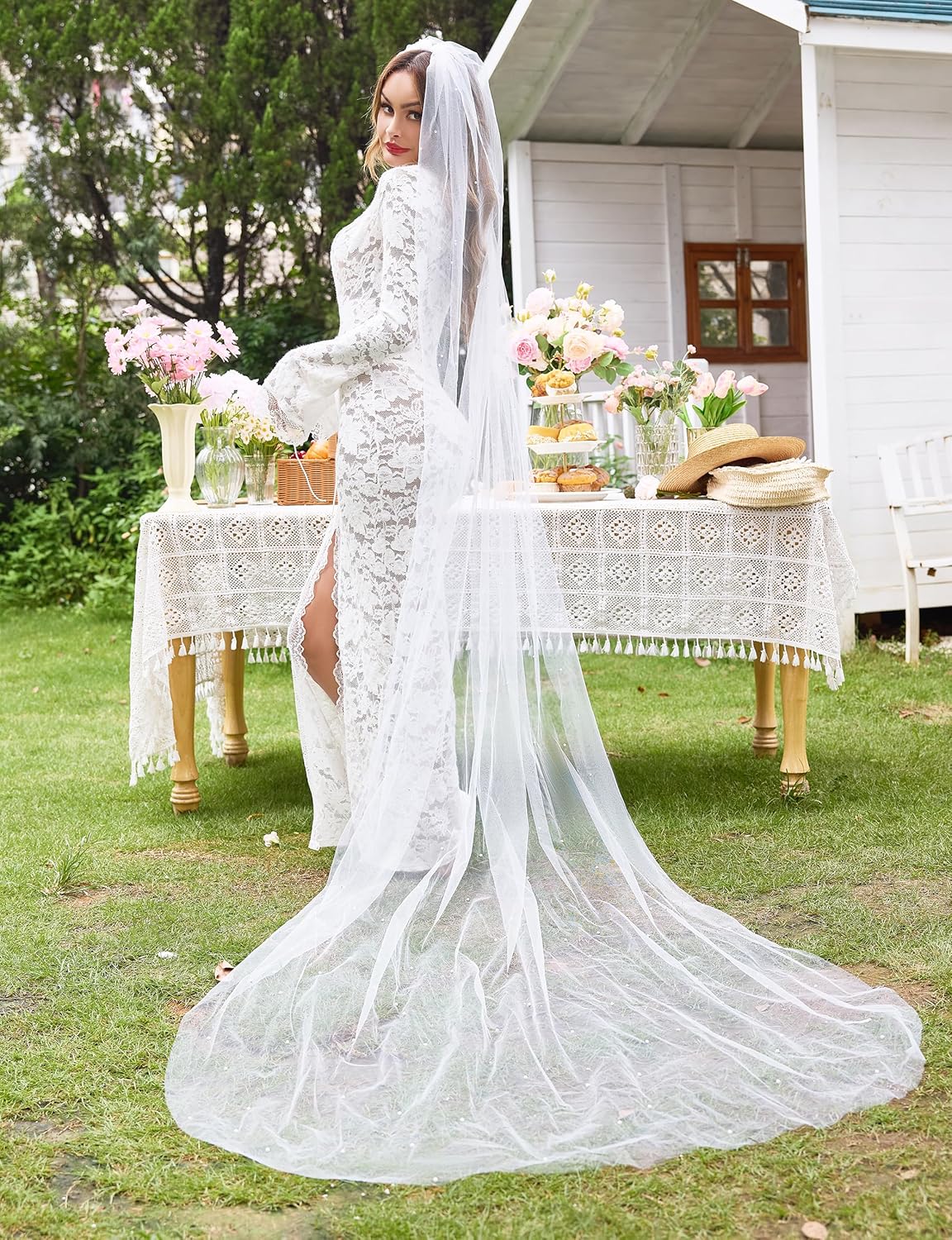 Lovasy Pearl Wedding Bridal Veil 1 Tier Long Veils with Metal Comb– Premium Wedding Accessories for Brides Bachelorette Party
