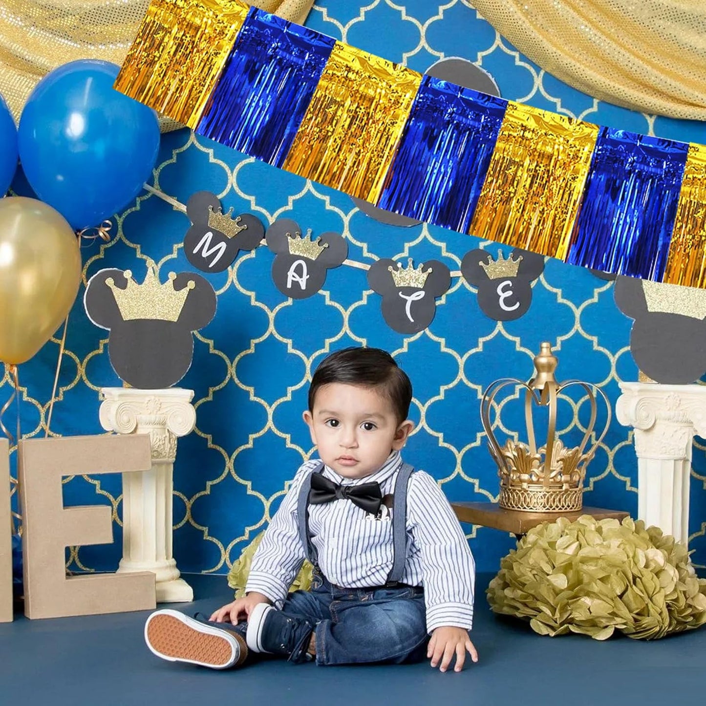 BEISHIDA 3 Packs Metallic Foil Fringe Garland Blue Gold Wall Hanging Tinsel Fringe Banners for Car Floats Bridal Shower Wedding Birthday Easter Graduation Holiday Party Decoration(30 Feet)