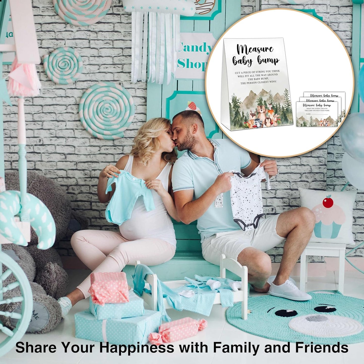 Woodland Baby Shower Game: Jungle Animal Safari Measure Baby Bump, 1 Standing Sign with 50 Cards for Gender Neutral Shower - A02