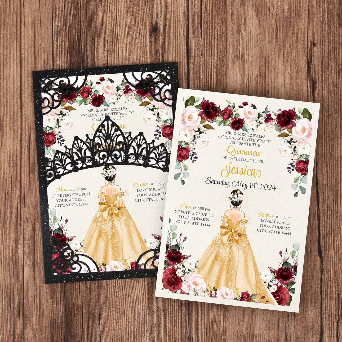 50Pcs Gold Crown Invitations for Quinceanera, 15 year, Sweet 16, Miss XV, Birthday Laser Cut Quince Invitation Cards Personalized Pearlized Black