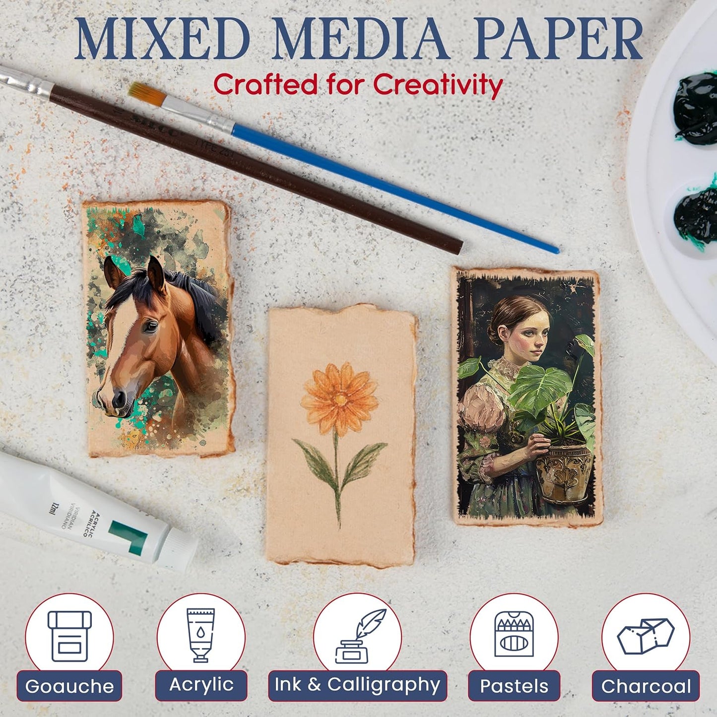 Wanderings Vintage Handmade Deckle Edge Folded Paper – Folded to 3.5"x2" – 150 GSM - 50-Pack – Textured Cotton Paper – Ideal for Place Cards, Blank Name Cards, Table Settings, Gift Tags, Love Notes