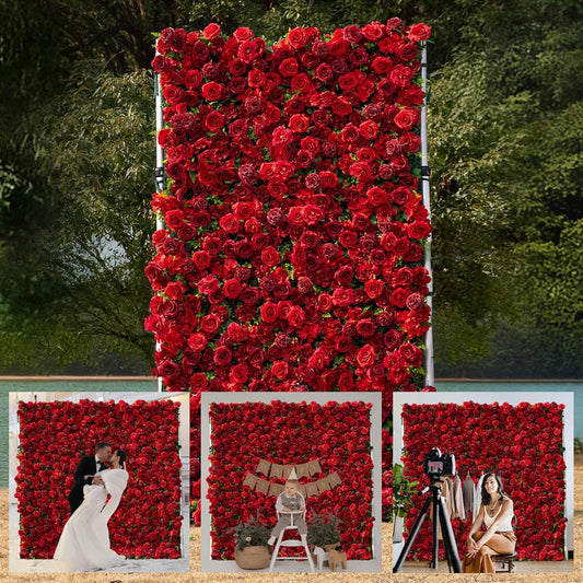 Artificial Flower Wall Panels, Luxury 5D Silk Red Rose Backdrop Decor for Wedding Celebrations, Festive Party and Home Decorating, Quick Assembly and Storage, both Eco ＆ Pet Friendly, 4ft*8ft.