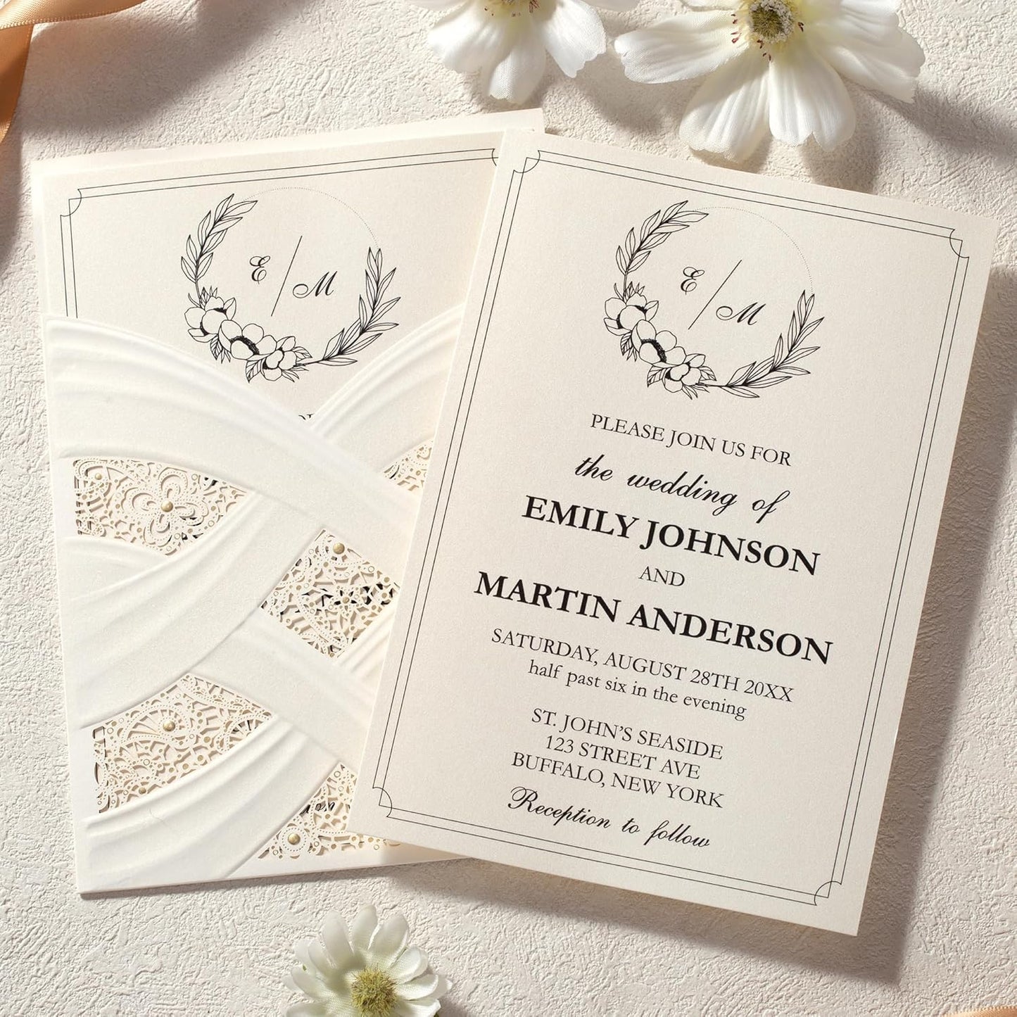 50pcs Laser Cut Wedding Invitations with Envelopes Ivory White, 5x7.3 Personalized Invitation Cards for Wedding