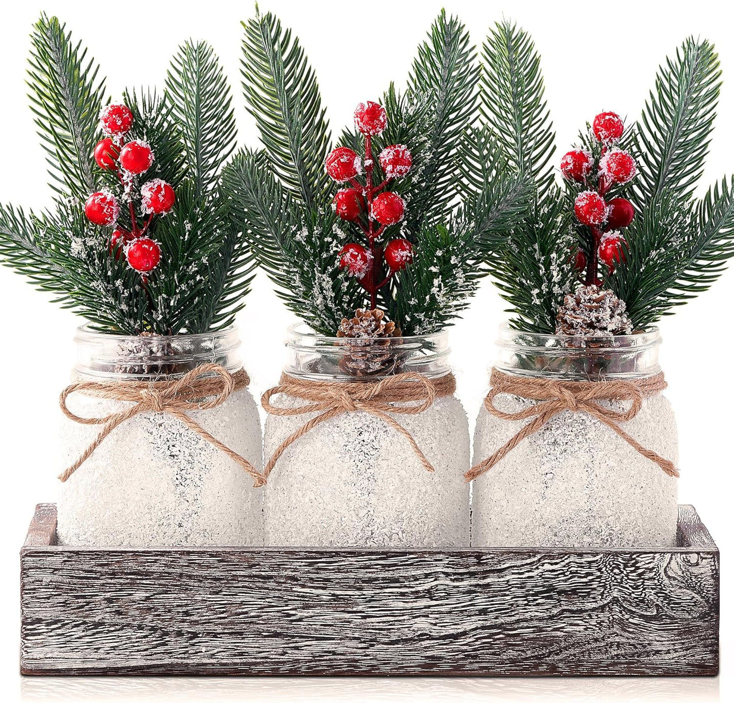 Christmas Centerpieces for Tables, Table Decor with Mason Jar, Flowers Picks, Farmhouse Wood Tray, Christmas Winter Table Decorations Centerpieces, Xmas Holiday, Kitchen, Room, Dining Decor