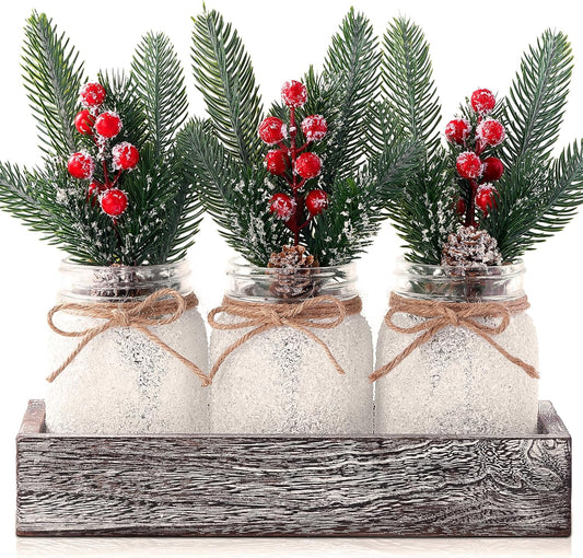 Christmas Centerpieces for Tables, Table Decor with Mason Jar, Flowers Picks, Farmhouse Wood Tray, Christmas Winter Table Decorations Centerpieces, Xmas Holiday, Kitchen, Room, Dining Decor