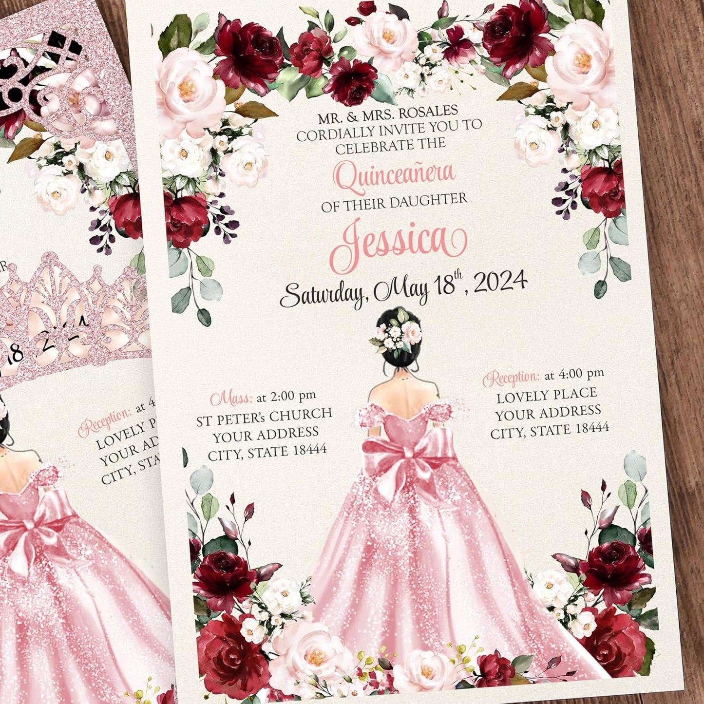 50Pcs Pink Crown Quinceanera Invitation Burgundy for 15 year, Sweet 16, Miss XV, Birthday Laser Cut Quince Invitation Cards Personalized Glitter Pink