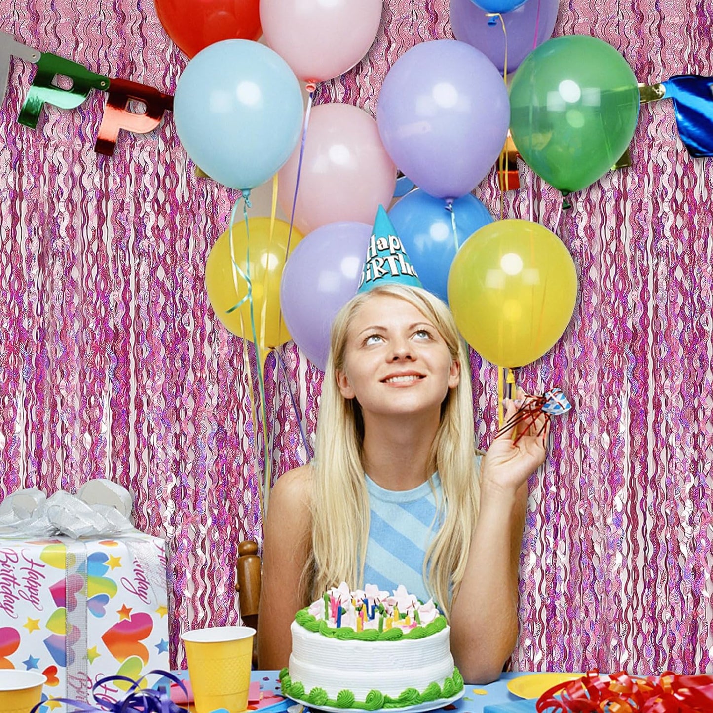 Pink Tinsel Foil Fringe Curtains Wavy Backdrop for Parties Sparkle Metallic Wavy Foil Fringe Backdrop Curtain for Party Decorations Photo Booth Props for Birthday Graduation Wedding