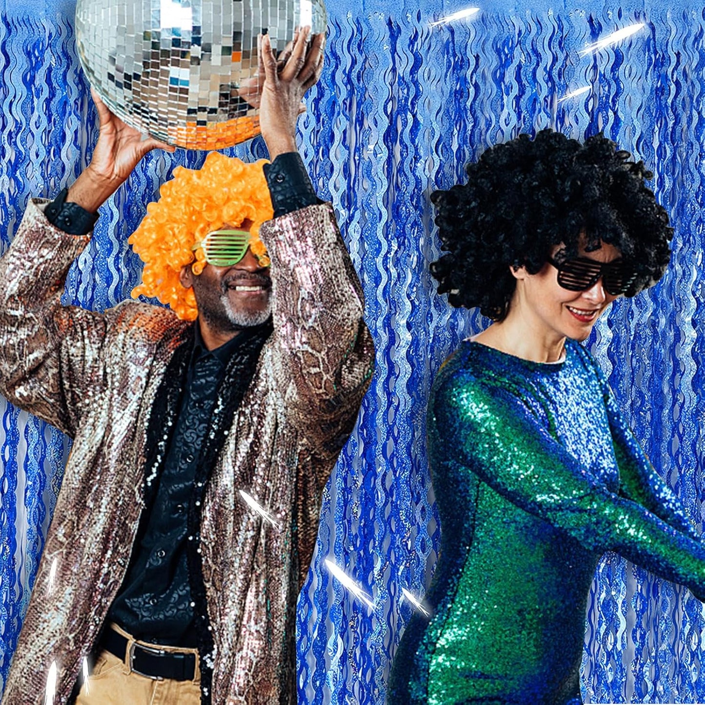 Blue Backdrop Wavy Tinsel Foil Fringe Curtains for Parties Sparkle Metallic Wavy Blue Birthday Decorations for Streamers Party Decorations Photo Booth Props Birthday Ocean Party Decor Supplies