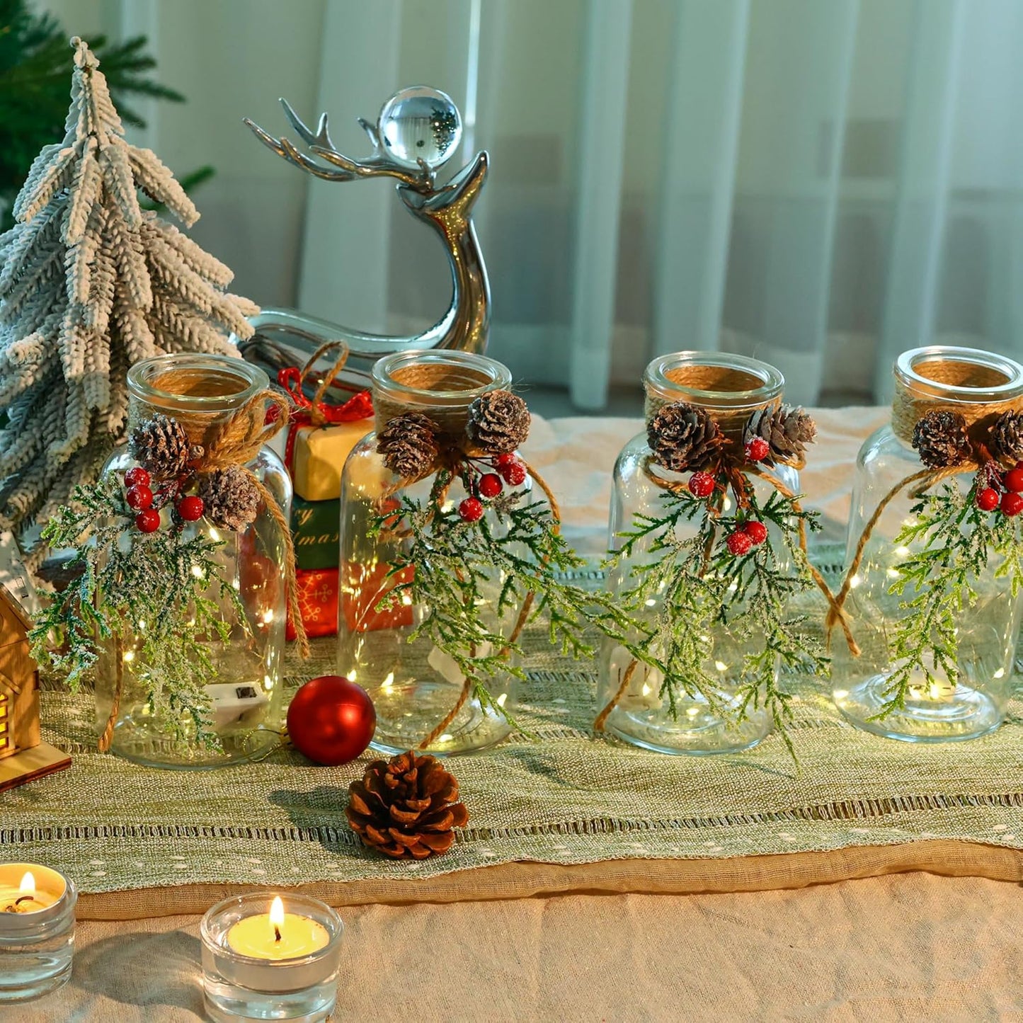 Set of 12 Xmas Decor Vases Christmas Centerpieces for Tables Farmhouse Holiday Table Decor Clear Glass Vases with Twine Ties for Christmas Decorations