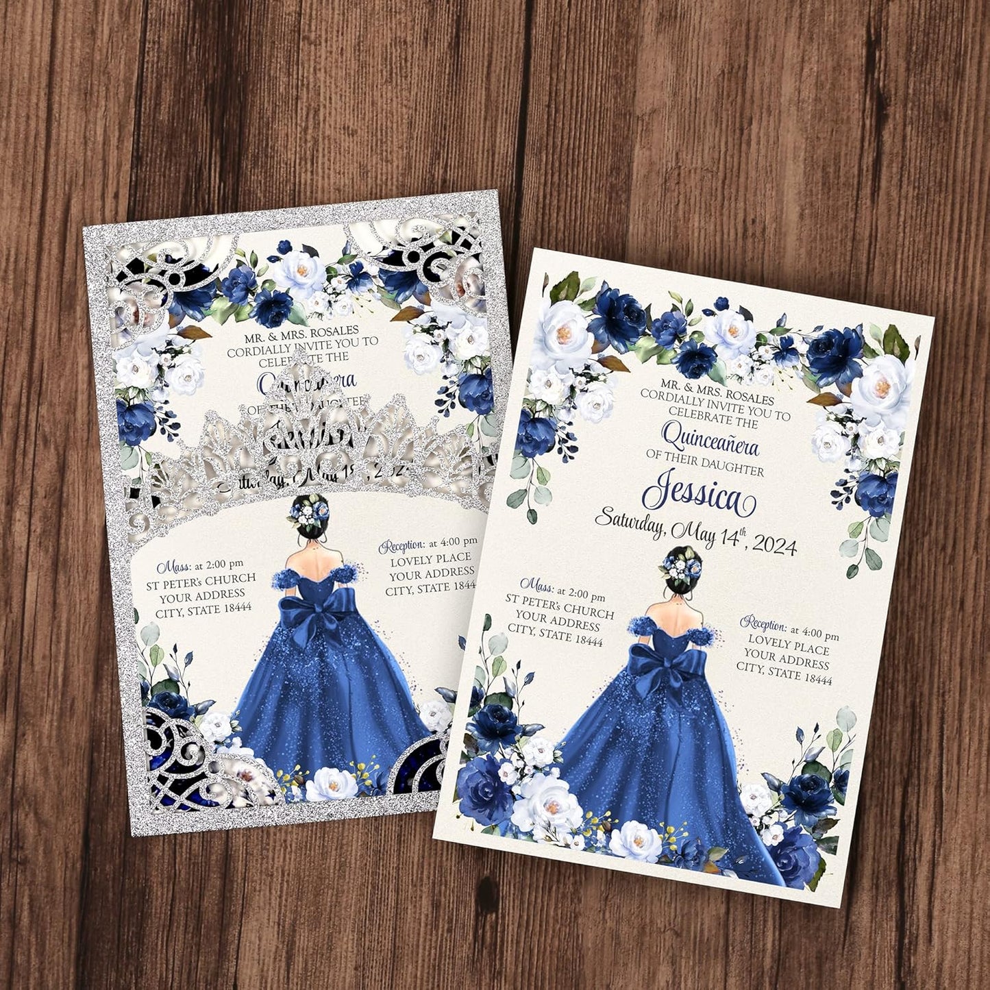 50Pcs Navy Blue Crown Invitations for Quinceanera, 15 year, Sweet 16, Miss XV, Birthday Laser Cut Quince Invitation Cards Personalized Glitter Silver