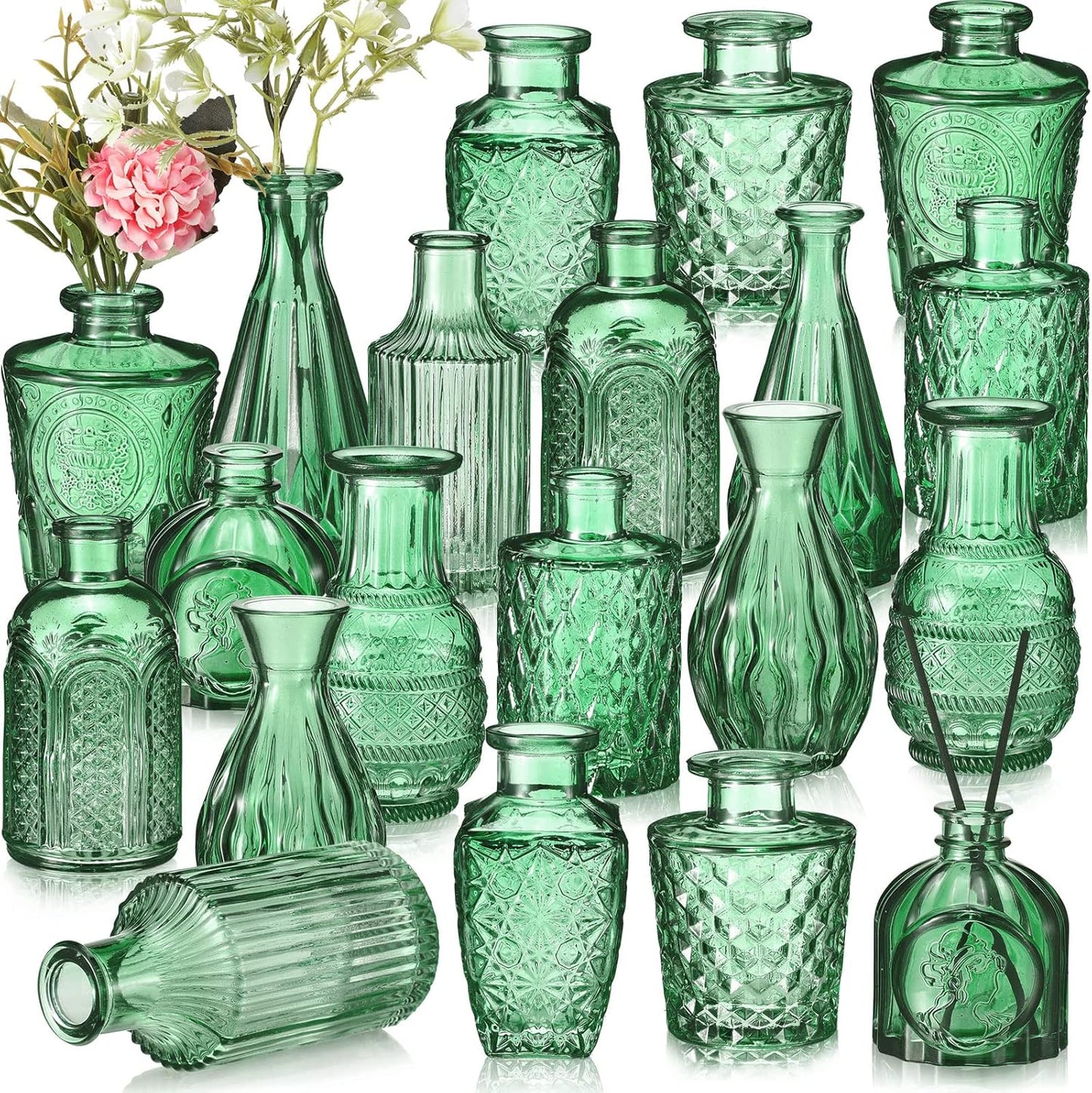 20 Pcs Glass Bud Vase Set Small Vintage Flower Vase in Bulk for Centerpieces Rustic Decorative Glass for Wedding Table Home Christmas Decoration (Grass Green)