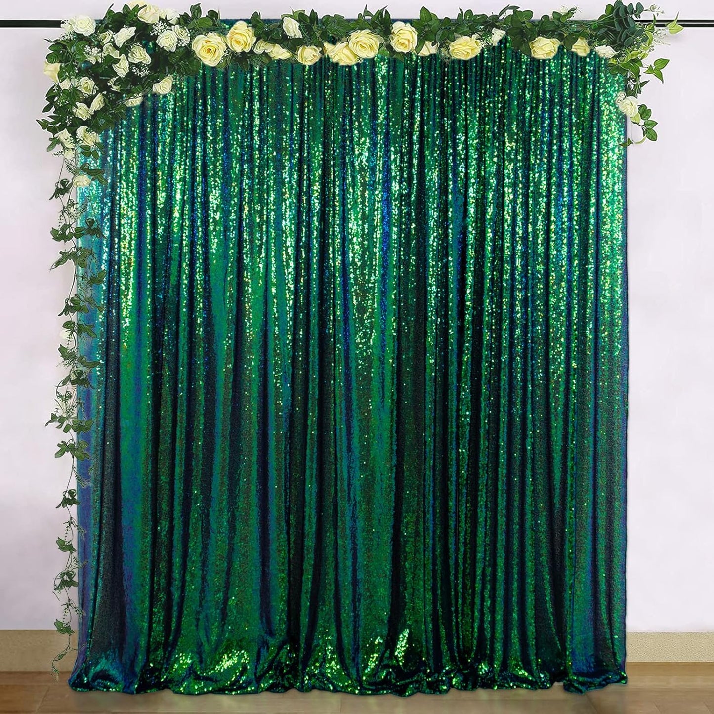 ShinyBeauty Iridescent Green Sequin Backdrop Curtain 5FTx10FT 2 Panels - Perfect for Party, Wedding & Christmas Decorations | Sparkly & Durable Photo Studio Backdrop Backgrounds