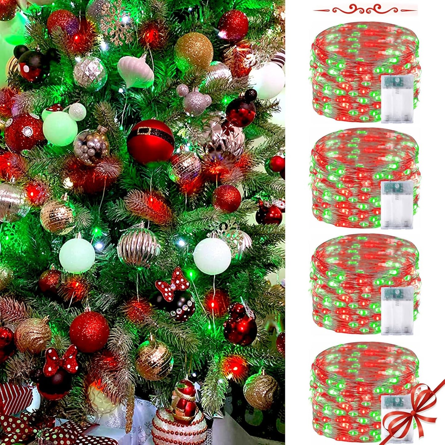 Red and Green Christmas String Lights,4 Pack Fairy Lights Battery Operated with Timer Christma Light for Outdoor/Indoor Waterproof,Twinkle Light for Bedroom Home Wedding DIY Christmas Decorations