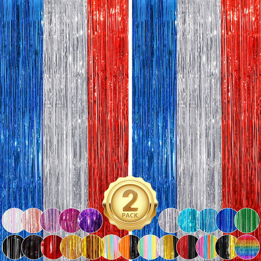 2Pack 3.3 x 8.3Ft Blue Red Silver Foil Fringe Streamers Curtain Metallic Foil Tinsel Fringe Door Streamers for Birthday Wedding Xmas Party Photo Iridescent Blue Streamers Party Decors Streamers