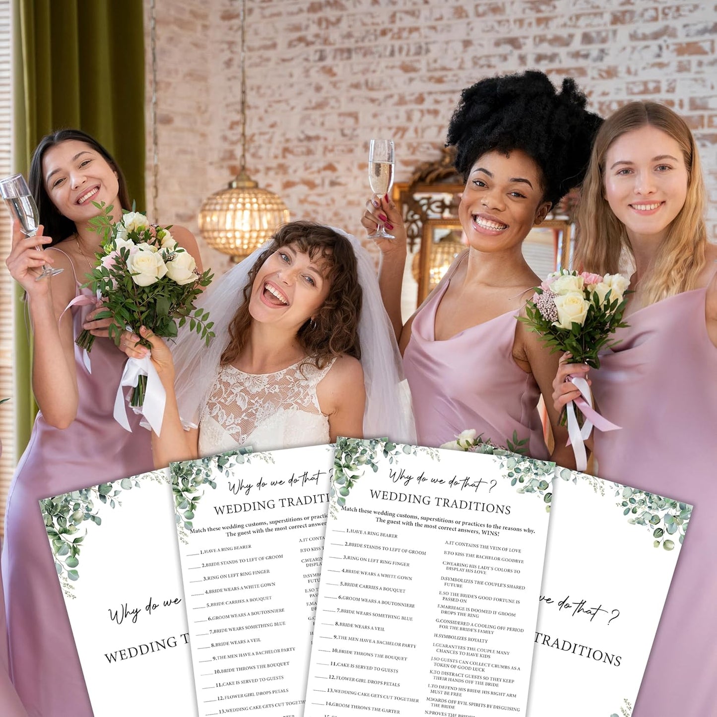 Eucalyptus Bridal Shower Game Cards - Why Do We Do That ? Wedding Traditions, Engagement Bachelorette Party Games for 30 Guests, 30 Double Sided Cards with 1 Answer Card, Activity Supplies & Favor/A09