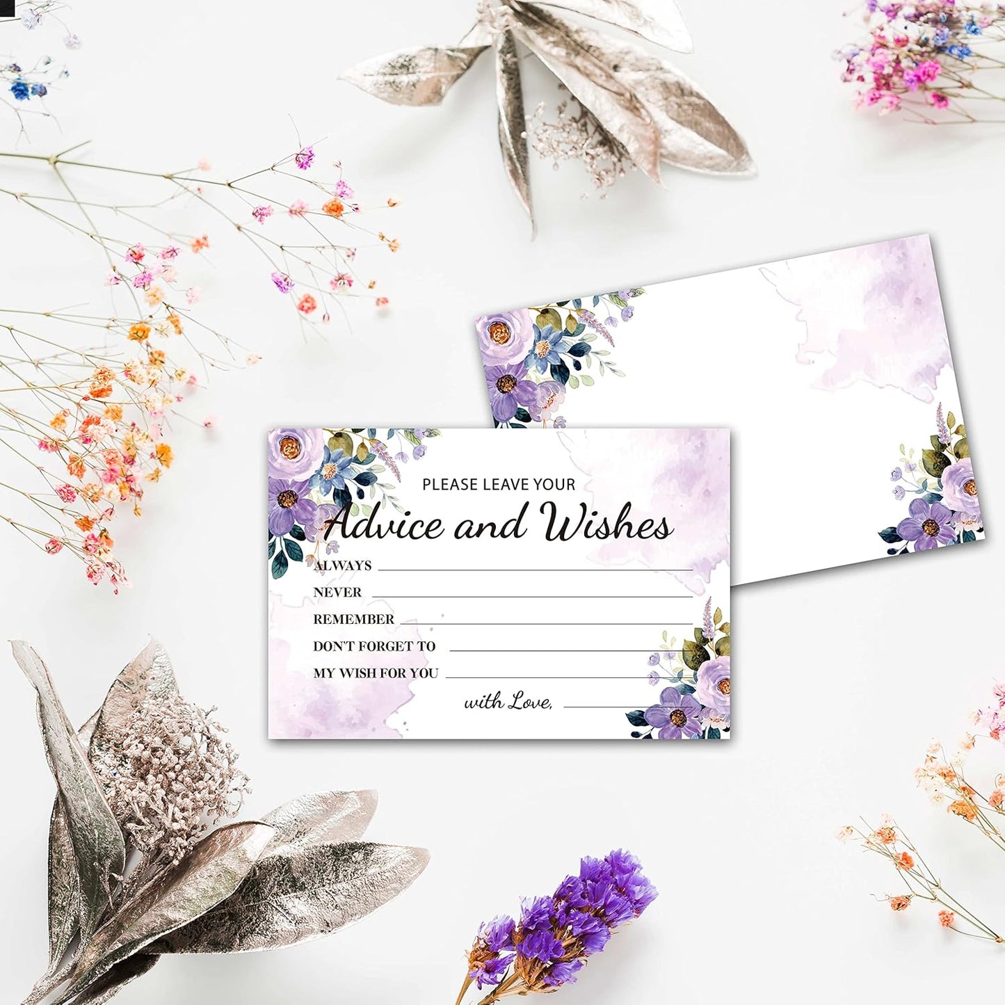 Purple Floral Advice and Wishes Cards, 25 Pcs Watercolor Purple Double Sided Advice Cards for The Bride and Groom, Mr and Mrs, Bride Shower, Wedding Reception, Engagement Party(08)