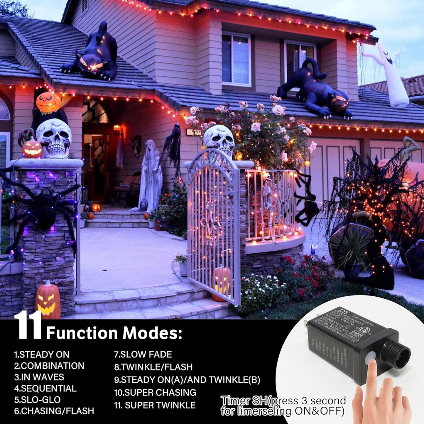 LAMPHOME 66ft Halloween Decorative Mini Lights, 200 LED Transparent Wire Fairy Starry String Lights Plug in, 11 Lighting Modes, for Halloween Decoration Outdoor Xmas Tree Party Decoration (Orange)