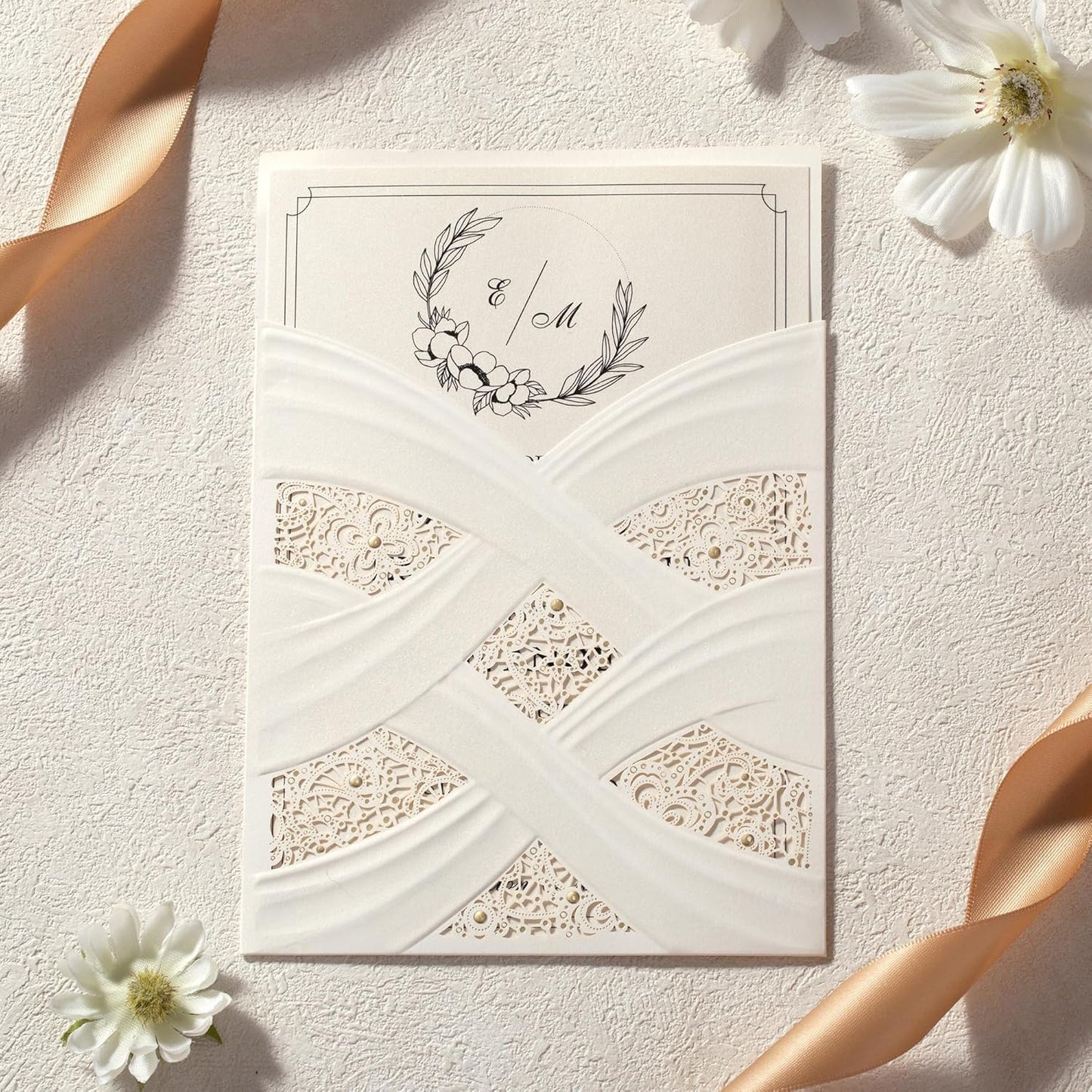 50pcs Laser Cut Wedding Invitations with Envelopes Ivory White, 5x7.3 Personalized Invitation Cards for Wedding