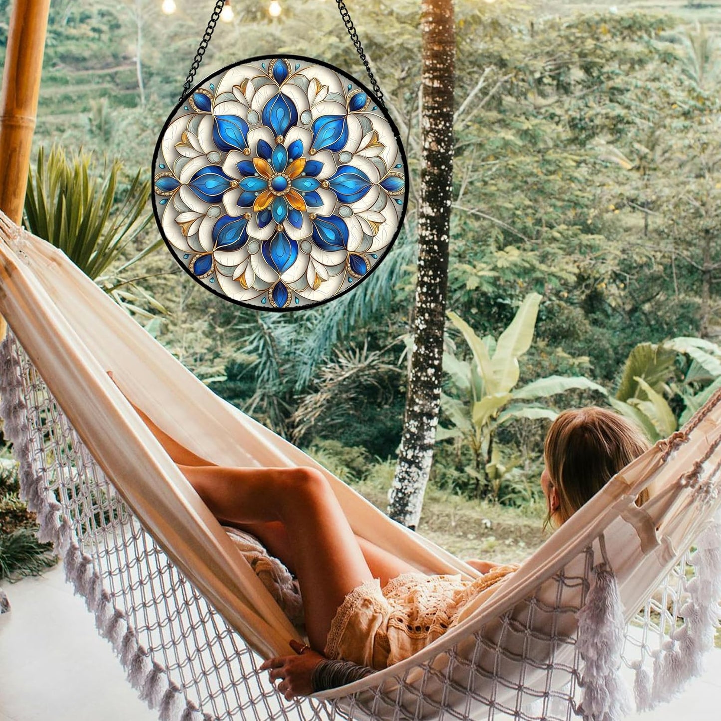 Stained Glass Window Hanging - Blue and White Abstract Flowers Suncatcher for Door Terrace Garden Home Decor, Gold Sun Catcher Birthday Gifts for Lovers Women Men Dad Mom Nana 6.3 in