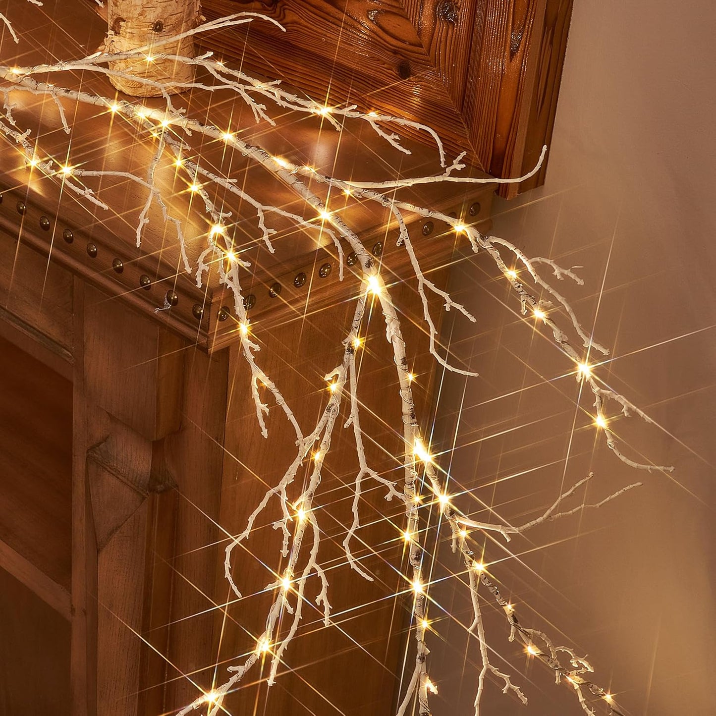 LITBLOOM Birch Garland with Lights 6FT 120 Fairy Lights Plug in, Lighted White Twig Vine Garland for Home Mantle Wall Christmas Decoration Inside Outside