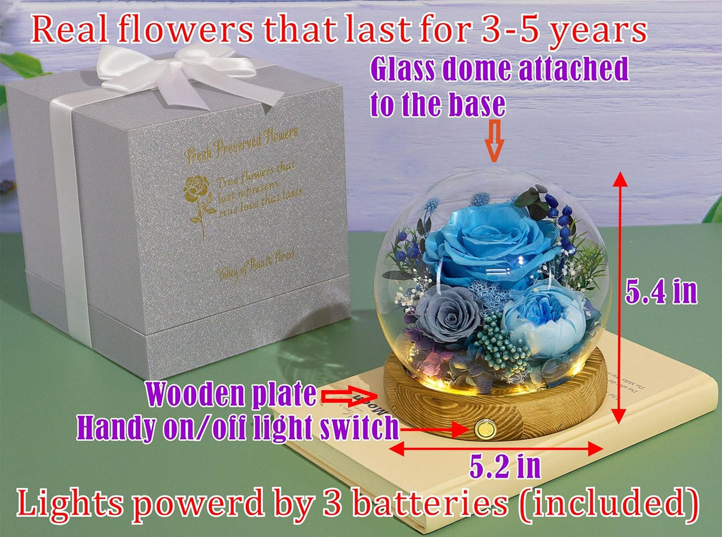 Valley of Rain & Forest Long-Lasting Real Flowers, Unique Floral Gift For you to send Love for All Occasions, for Indoor Decoration (Blue Rose, Grey & White-Blue Austin Roses)