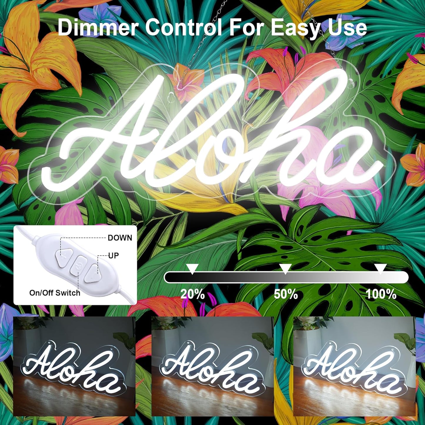 Aloha Neon Light Aloha Cold White Neon Sign for Wall Decor, 15"x5.9" LED Neon Art Decorative Lights with Dimmer Switch USB Operated for Home, Bar Club Wedding and Party Decor, Christmas, Birthday Gift