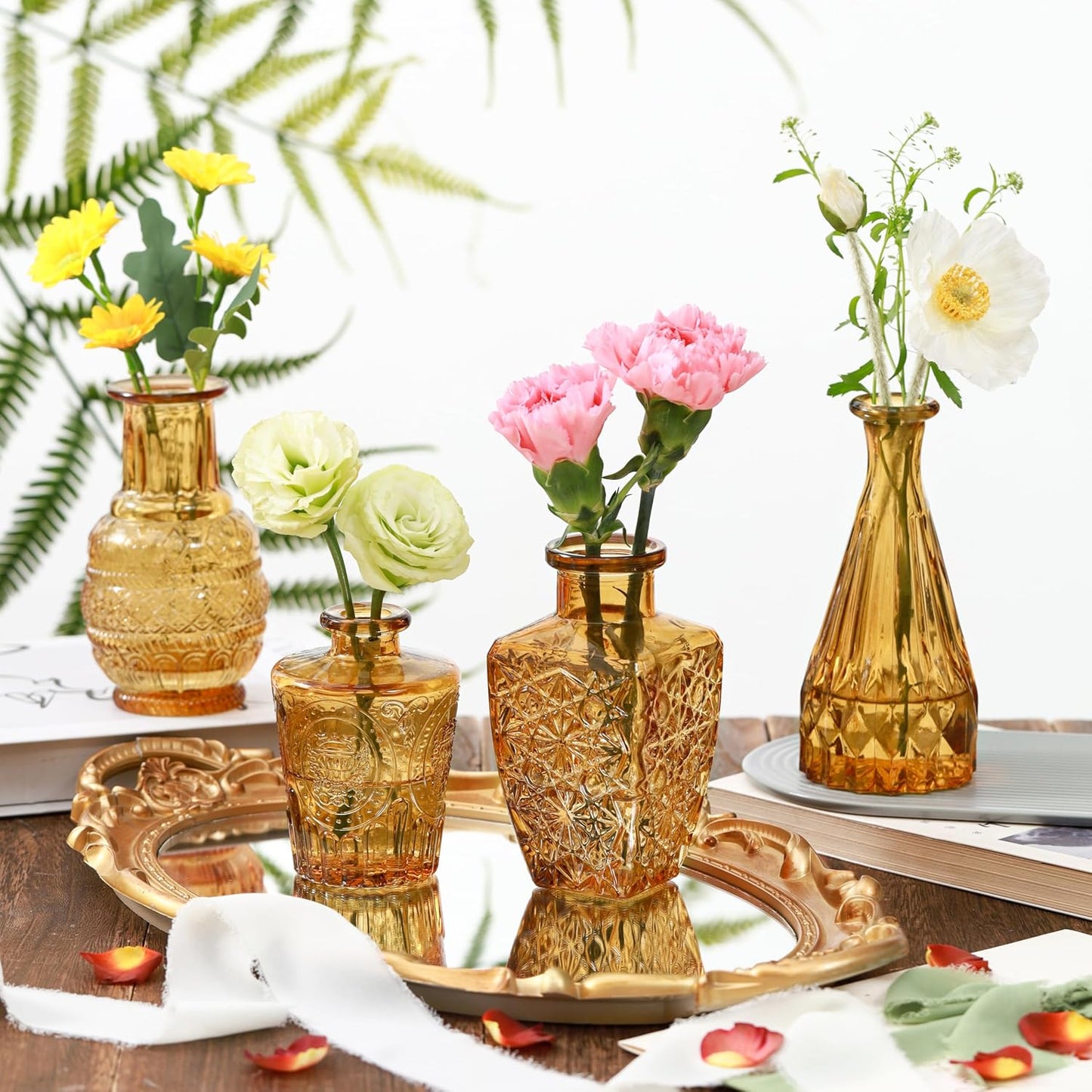 Vintage Small Glass Vases Set of 10,Mini Bud Vases for Flowers,Amber Glass Vases for Centerpieces,Wedding Decorations,Home Table Flower Decor (Amber)