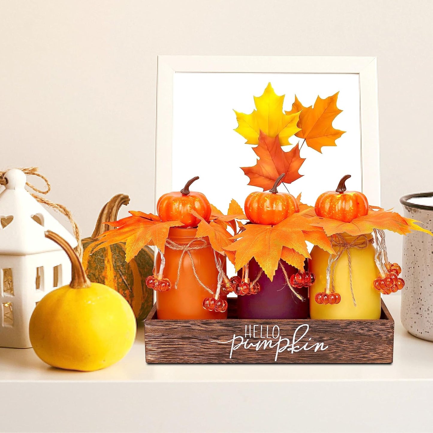 Thanksgiving Decorations Indoor 3 PCS, Thanksgiving Table Decor with Wooden Boxes, Thanksgiving Fall Centerpiece Mason Jars with Pumpkin Decor Lights for Home, Office, Kitchen