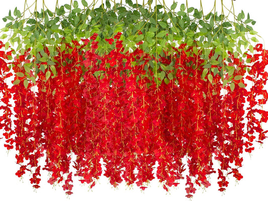 24 Pack Artificial Fake Wisteria Vine Ratta (3.75 Feet) Hanging Garland Silk Flowers String Home Party Wedding Decor (Red)