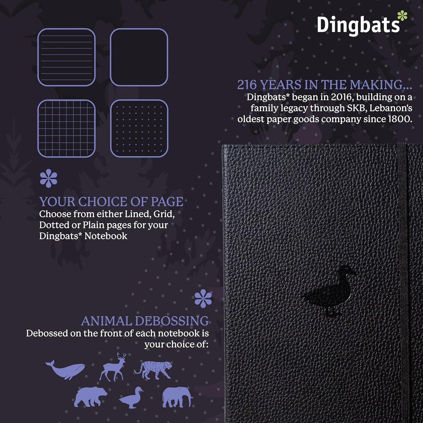 Dingbats* Wildlife Plain Writing Journal Notebook A5 - Vegan Leather Hardcover - Ideal for Work, Travel - Pocket, Elastic Closure, & Bookmark