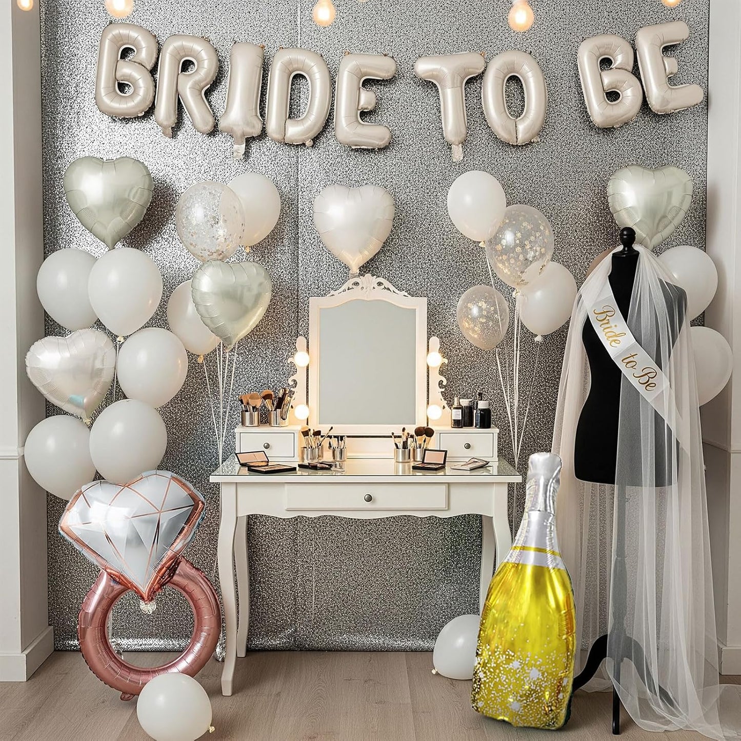 Cream White bridal shower Decorations with BRIDE TO BE letter Balloons & bridal Sash Diamond Ring Heart shape and Champagne Balloons Bridal Veil for Bachelorette Party Decor Bride To Be supplies
