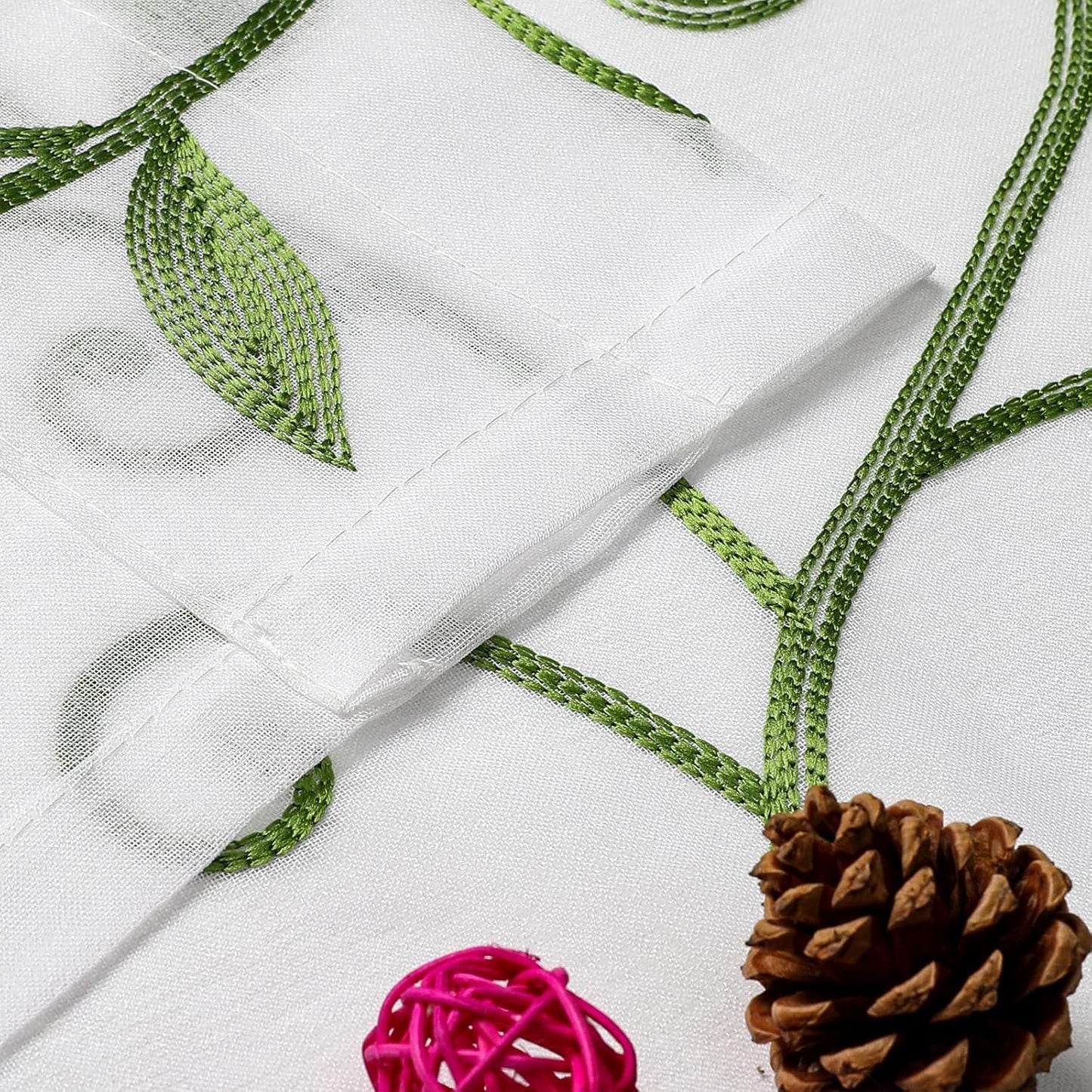 VISIONTEX Embroidered Green Sheer Voile Curtains, Leaves Embroidery Faux Linen Rod Pocket Window Drapes for Living Room and Girls Bedroom 54 x 63 Inch, Set of 2 Curtain Panels