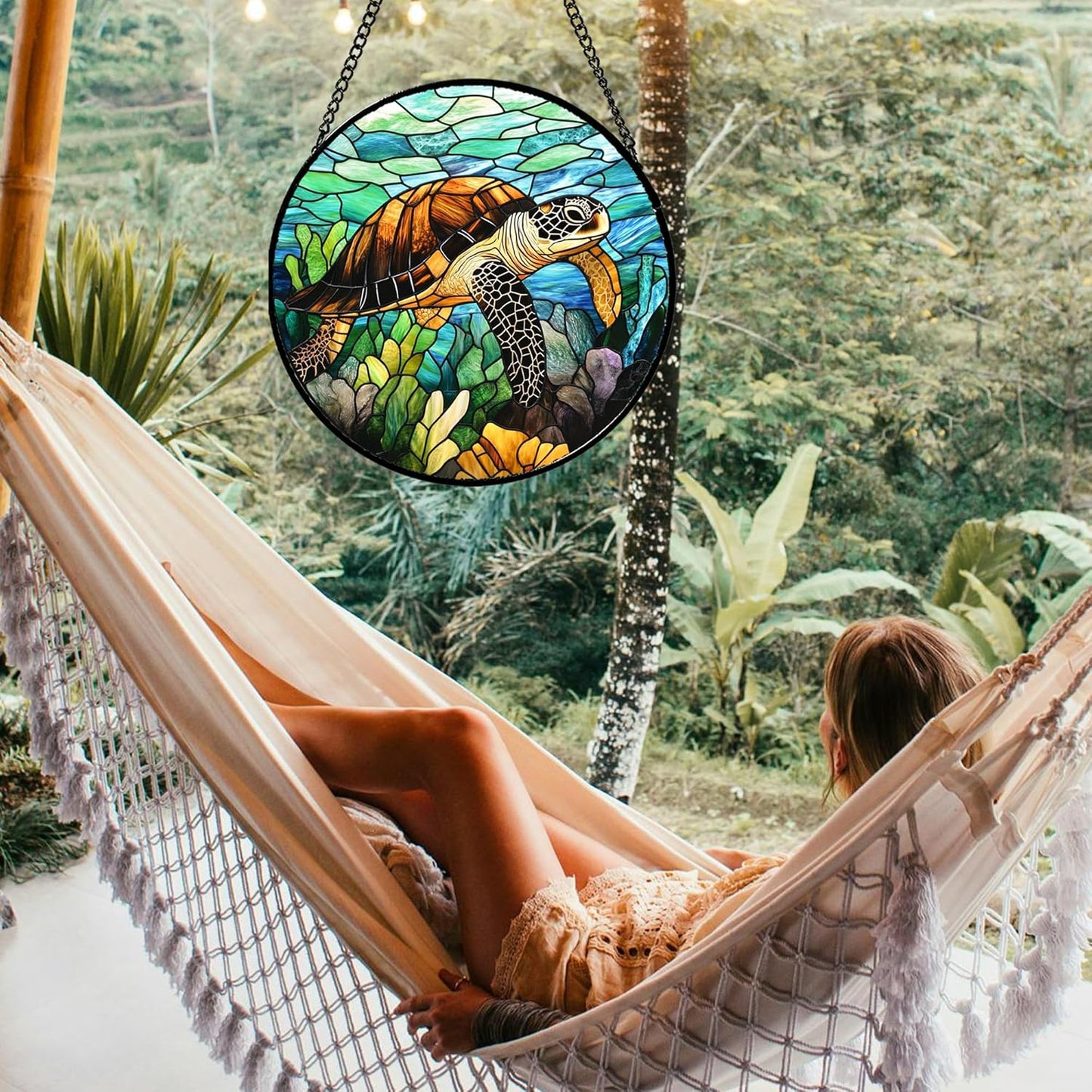 Stained Glass Window Hanging - Cute Sea Turtle Suncatcher for Door Garden Yard Blue Ocean Sun Catchers Decor Christmas Mother's Day Birthday Children's Gifts for Women Mom Nana Friend 7.8 in