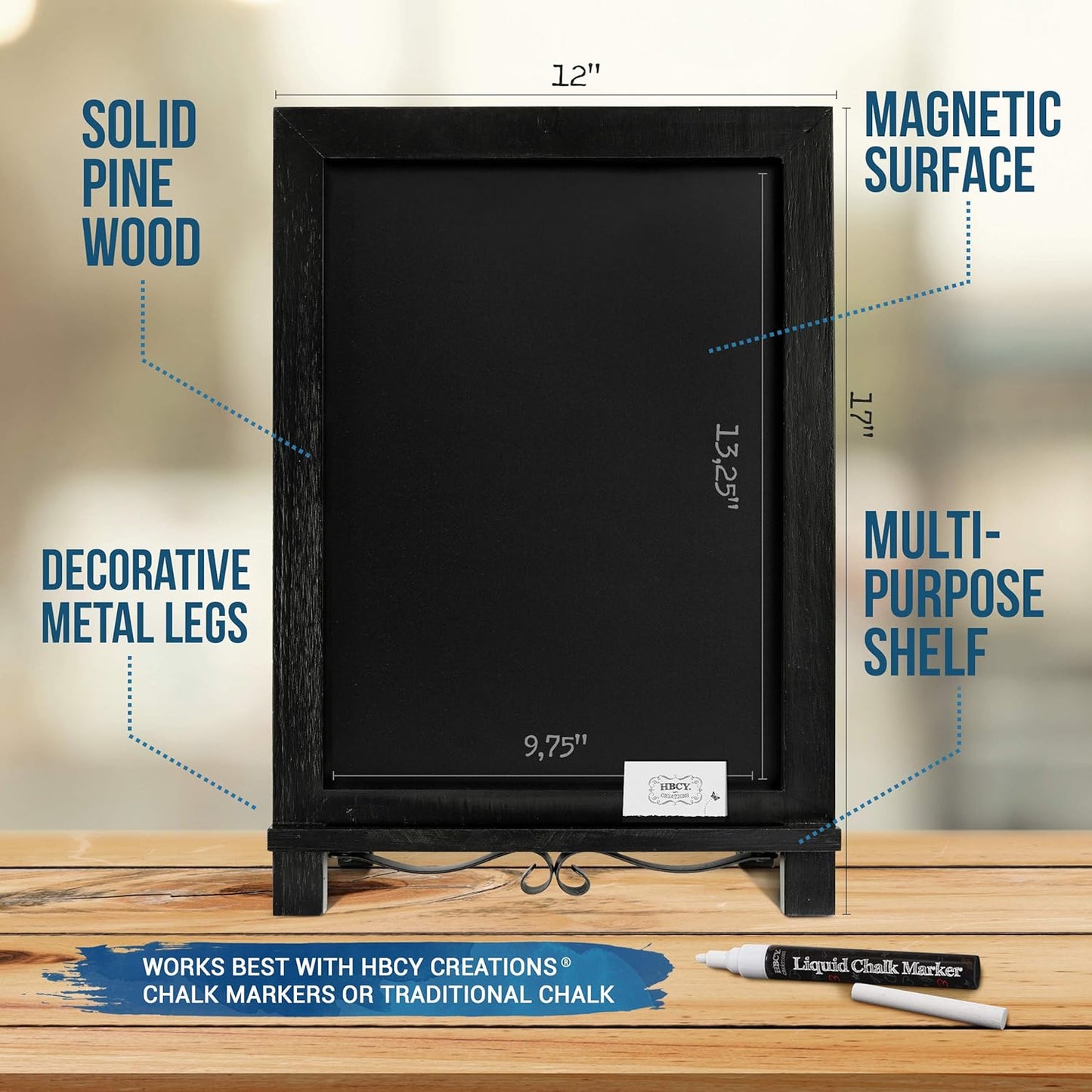 HBCY Creations Rustic Black Wooden Tabletop Chalkboard with Legs/Vintage Wedding Table Sign/Small Kitchen Countertop Memo Board/Antique Wooden Frame (12" x 17", 4- Black)