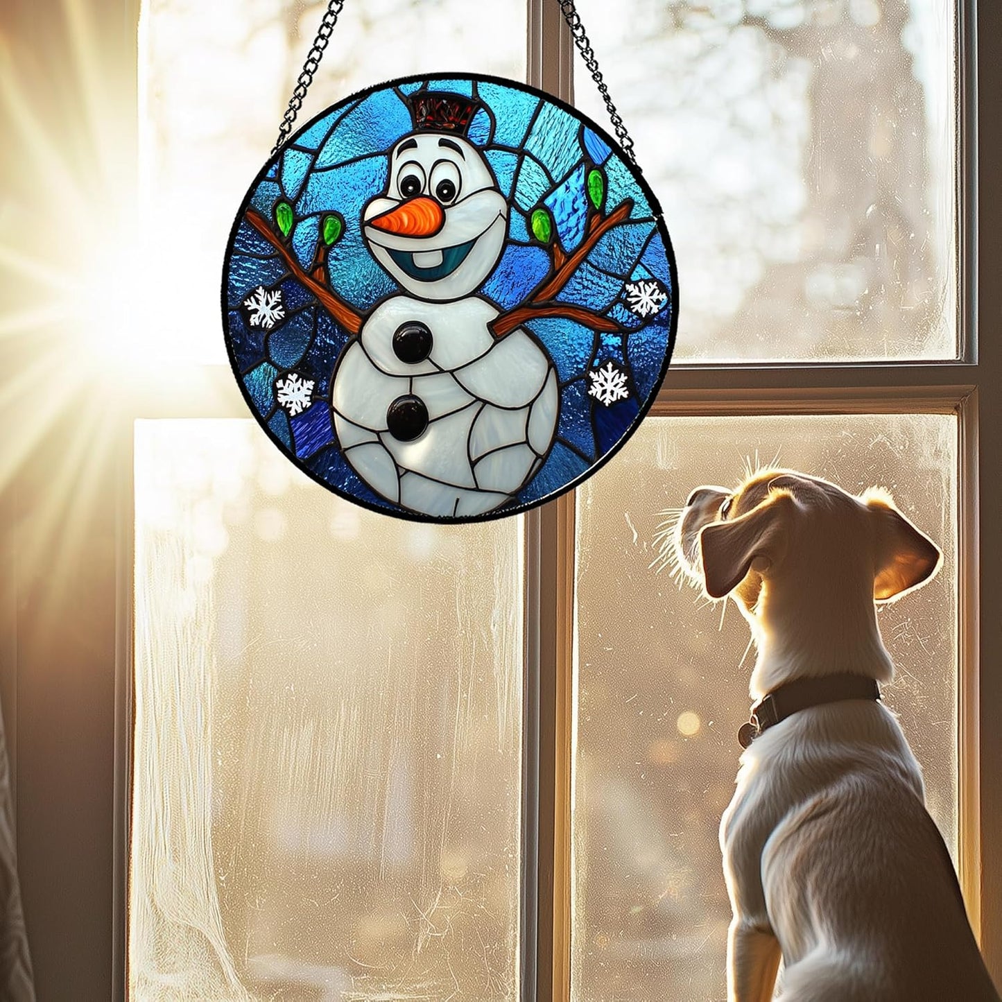 Stained Glass Window Hanging Christmas Funny Snowman 11.8" - Suncatcher Door Garden Blue White Snowflakes Sun Catcher New Year Birthday for Friend Mom Men Woman Nana