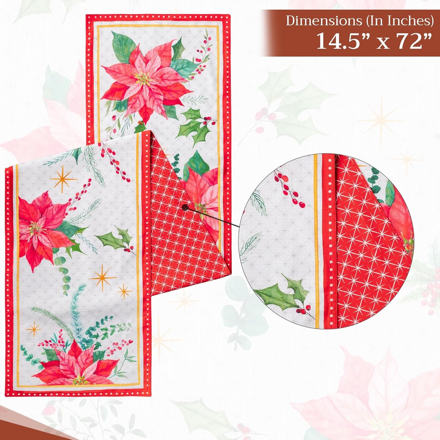 Maison d' Hermine Table Runner 100% Cotton Double Layer Table Runners 72 inches Long for Thanksgiving Christmas Decorations Home Kitchen Dining Party Wedding (Poinsettia Christmas, 14.5" x 72")