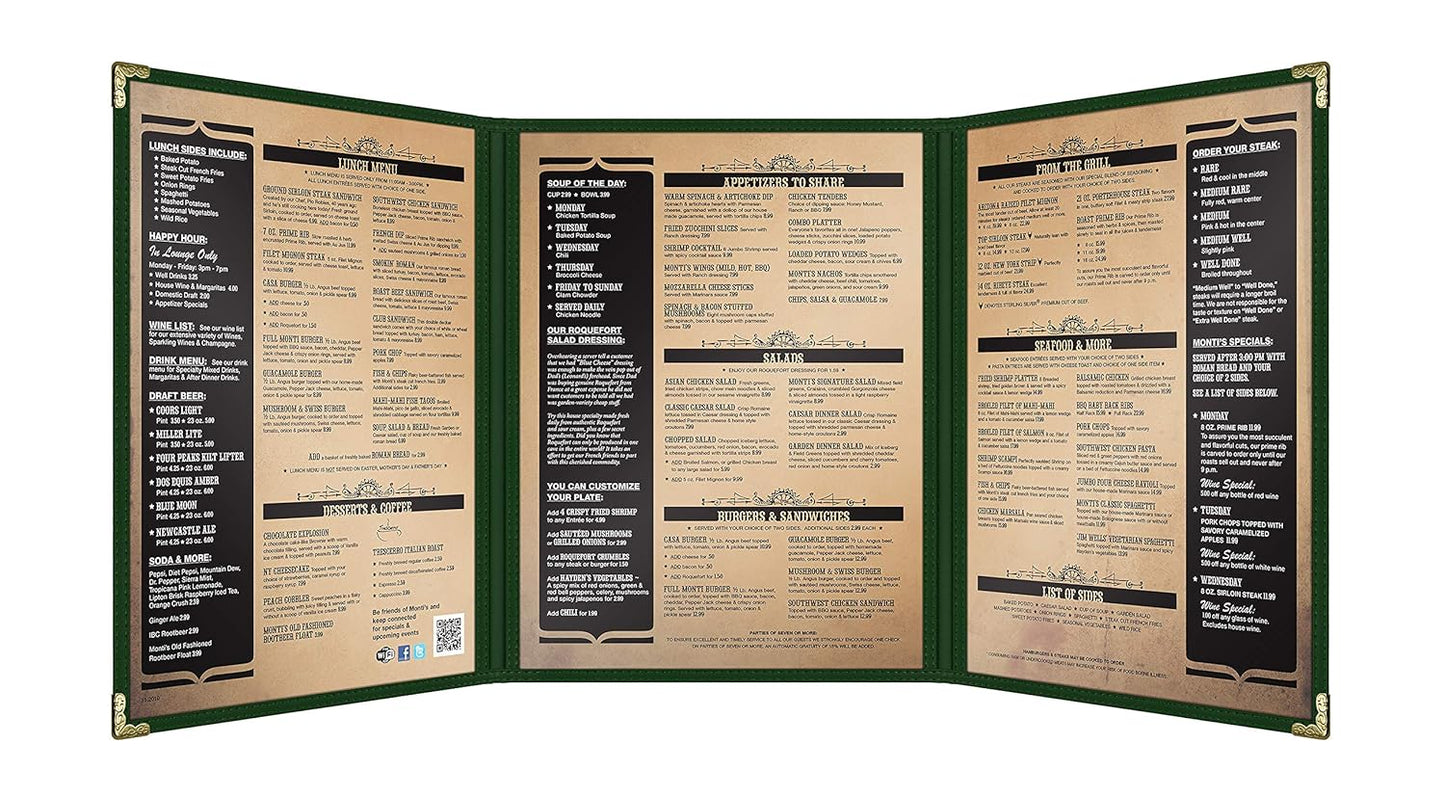 Goodsmart Restaurant Menu Covers – 25 Pack Green 6-View Trifold 8.5" x 11", Side-Loading Vinyl & Plastic Menu Holders, Clear Menu Sleeves, Leather-Style Café Covers with Gold Corners
