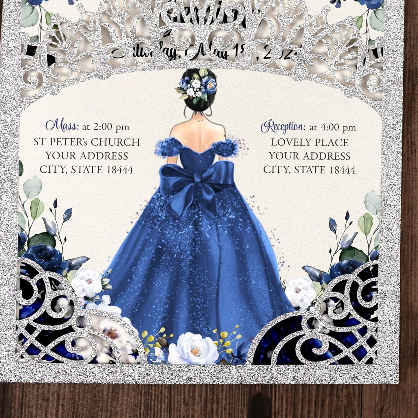 50Pcs Navy Blue Crown Invitations for Quinceanera, 15 year, Sweet 16, Miss XV, Birthday Laser Cut Quince Invitation Cards Personalized Glitter Silver