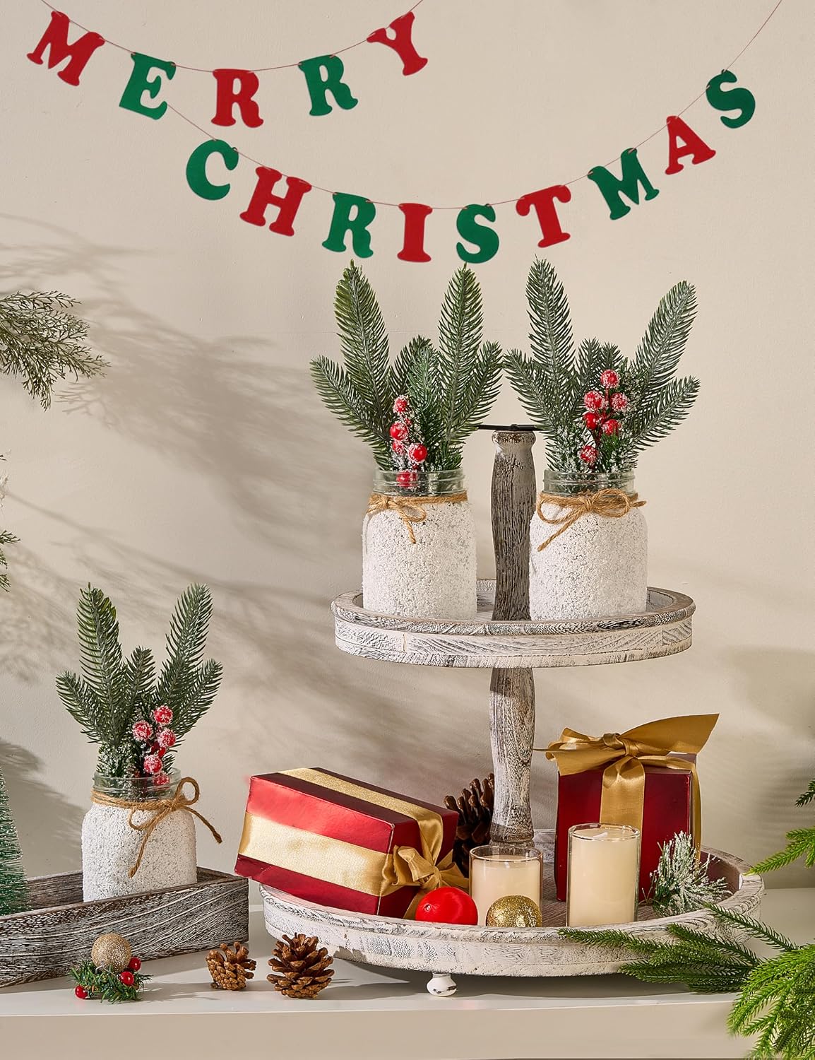 Christmas Centerpieces for Tables, Table Decor with Mason Jar, Flowers Picks, Farmhouse Wood Tray, Christmas Winter Table Decorations Centerpieces, Xmas Holiday, Kitchen, Room, Dining Decor