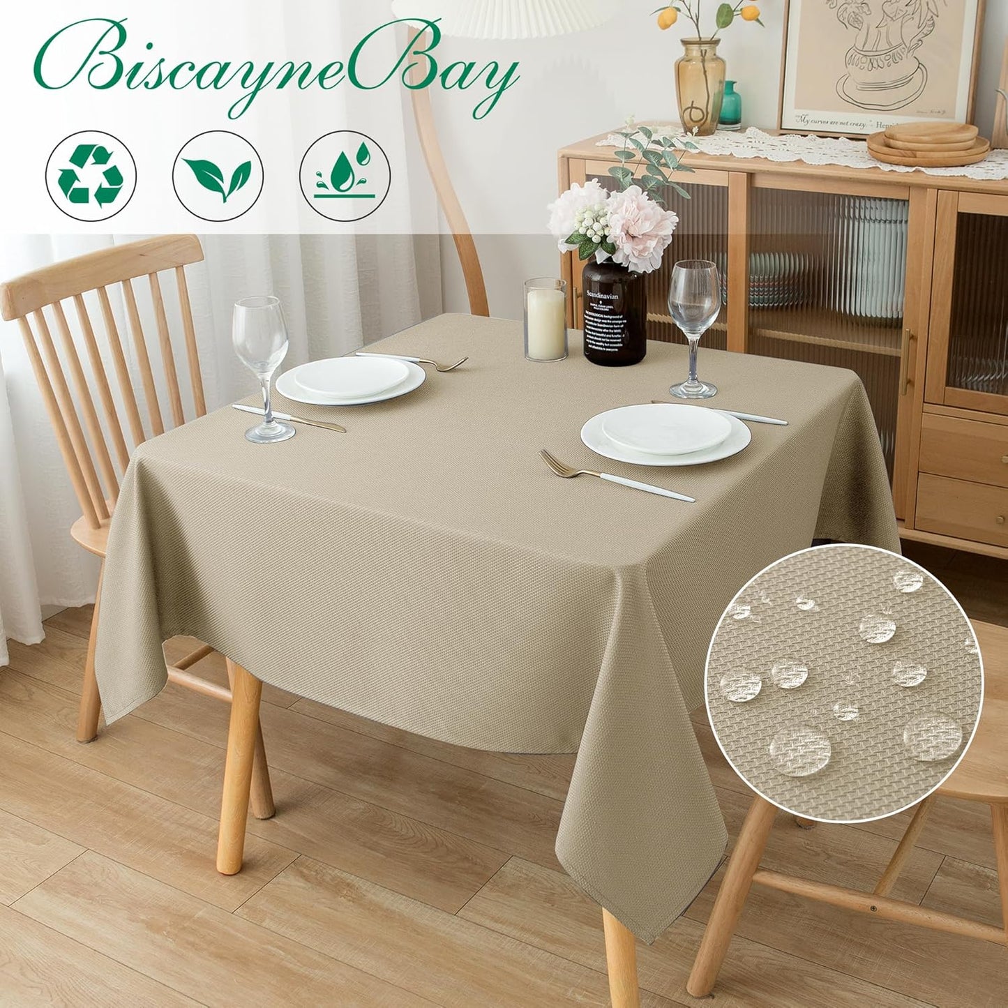 Biscaynebay Textured Fabric Square Tablecloths 60x60 Inches, Natural Water Resistant Spill Proof Table Cloth Small Card Folding Table Covers for Dining, Kitchen, Wedding and Parties, Machine Washable