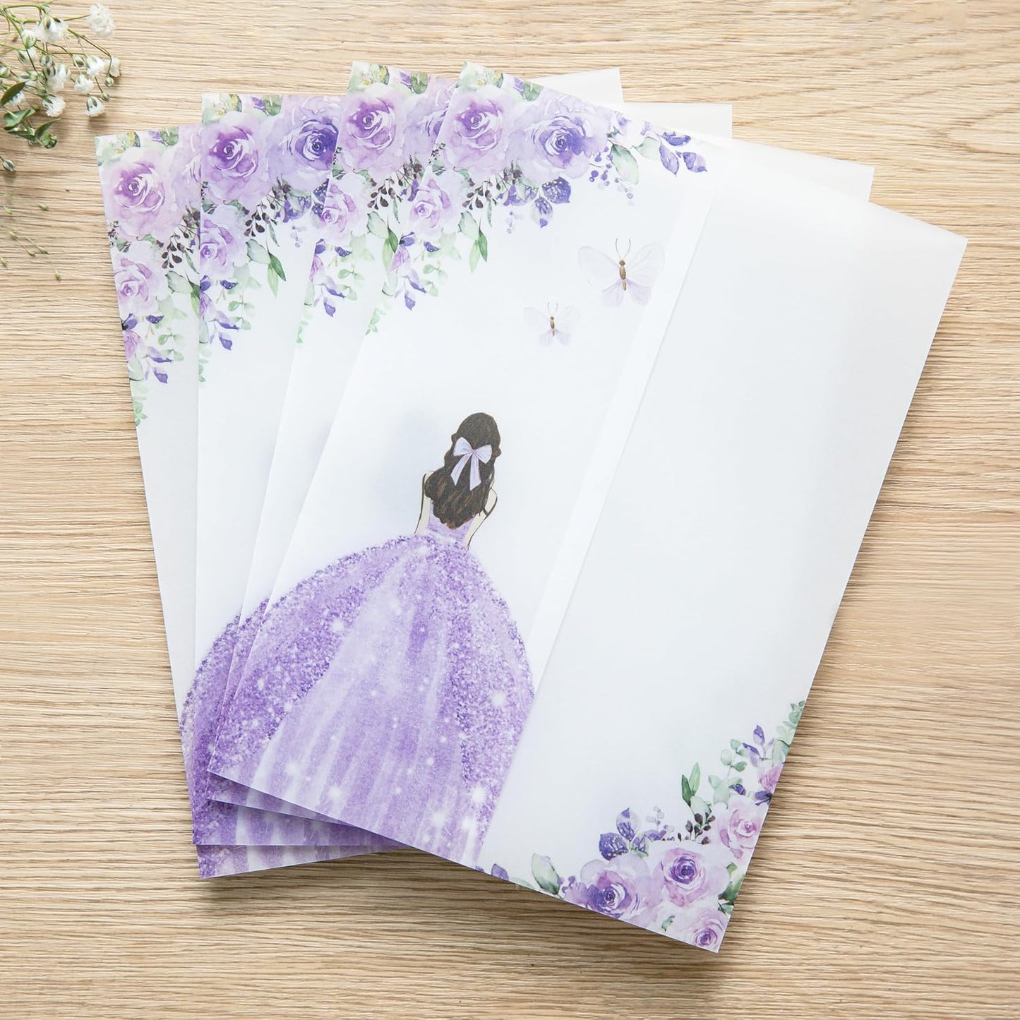 PONATIA 50 PCS Vellum Jackets for 5x7 Invitations - Vellum Paper 5x7 Jackets - 135GSM Purple Girl Flowers Quinceanera Invitation Transparent Wraps (Purple Girl)